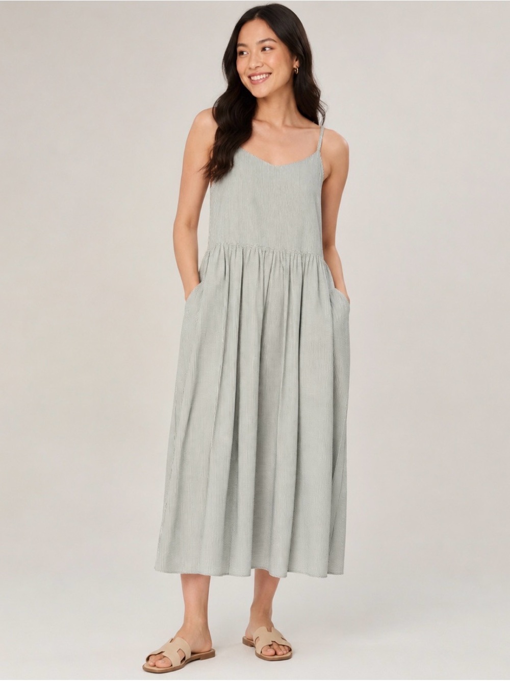 Neuflora Green White Striped Cotton Midi Dress Large